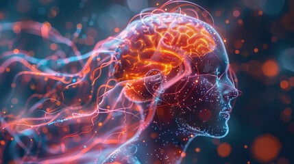 Poster - A digital representation of a human head with a glowing brain, symbolizing thought and creativity.