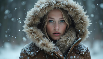 a beautiful female model wearing a fur hat in a snowy landscape