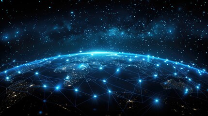 Poster - A digital representation of Earth connected by a network of lights and stars.