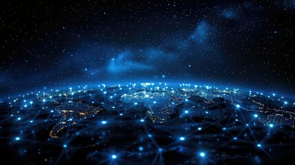 Poster - A digital representation of Earth connected by glowing network lines against a starry backdrop.