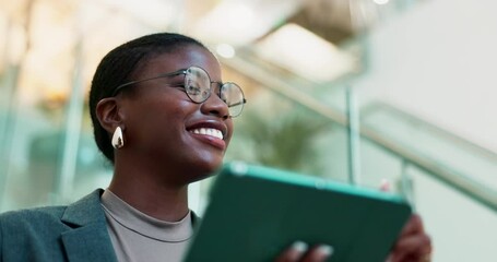 Poster - Online, smile and black woman with tablet, office and thinking of digital marketing, tech and glasses. Happy, research and person with app for business, contemplating and ux designer with ideas