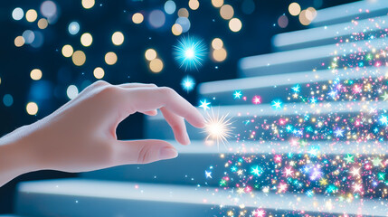 Poster - Hand reaching out to stars while descending a magical staircase at night