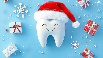 Poster - Cheerful tooth wearing a Santa hat surrounded by Christmas decorations and gifts on a blue background