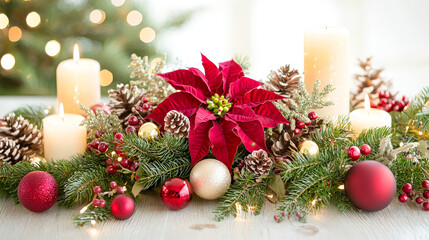 Poster - Festive holiday arrangement featuring vibrant poinsettias, candles, and ornaments for a warm Christmas atmosphere