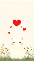Aufkleber - Whimsical illustration of a smiling cat surrounded by hearts and colorful flowers in a light, cheerful setting
