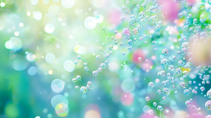 Poster - Floating bubbles glisten in sunlight among vibrant colors and soft bokeh backgrounds in a serene outdoor setting