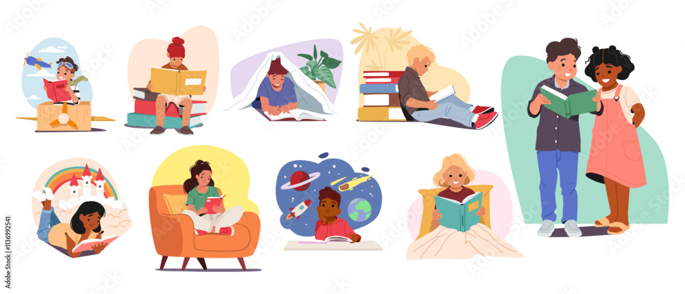 Cute smart children cartoon characters reading books feeling interested ...