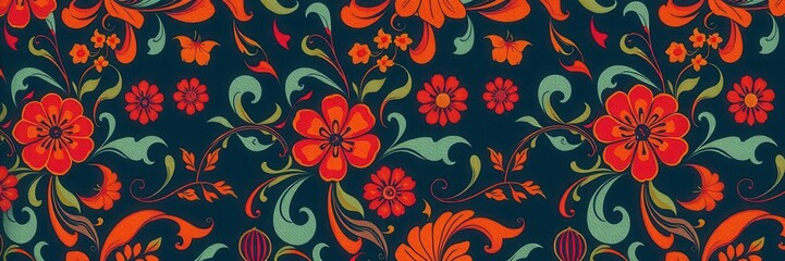 Swirling floral pattern in retro style with vibrant colors and intricate details, abstract, pattern, ornate