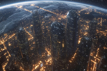 A futuristic aerial view of Earth from space showing glowing city lights and towering skyscrapers across the planet  
