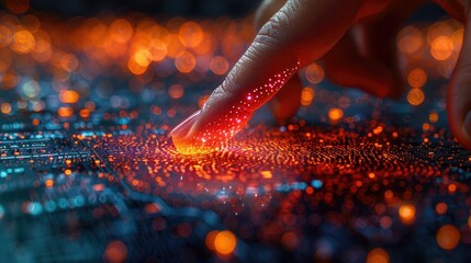 Poster - A finger touches a glowing, digital interface with vibrant particles.