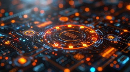 Poster - A futuristic circuit board design with glowing elements, representing technology and innovation.
