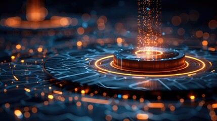 Poster - A futuristic digital scene with glowing circular elements and data particles.