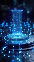 Poster - A futuristic holographic display with blue light particles and a central circular platform.