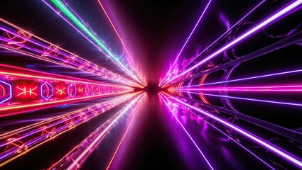 Poster - Vibrant Beams of Light Create a Mesmerizing Tunnel Effect at Dusk in a Futuristic Setting