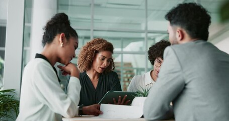 Aufkleber - Team, tablet and business people talk, planning and brainstorming ideas in office. Technology, happy group and engagement manager in meeting for project development, solution discussion and strategy