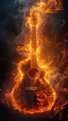 Poster - A guitar engulfed in flames, symbolizing passion and creativity in music.
