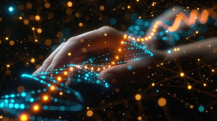 Poster - A hand interacts with glowing digital elements, symbolizing technology and data connection.