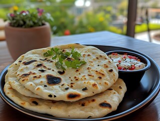 Wall Mural - Two freshly cooked flatbreads served with a side of yogurt and herbs.