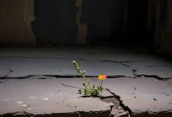 A wildflower blooming in the cracks of an old building , against a dark background