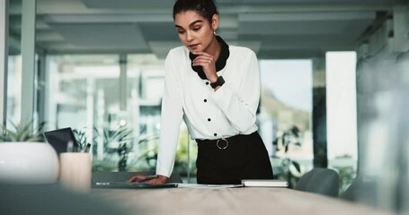 Poster - Woman, laptop and writing notes in office with thinking, problem solving or solution at media startup. Person, editor and computer with notebook for research, review or planning at creative agency