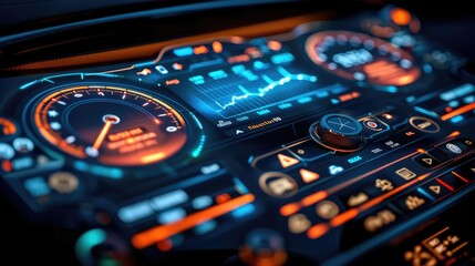 Poster - A modern car dashboard displaying gauges, controls, and a digital interface.