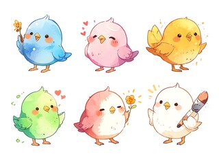 Wall Mural - Adorable Watercolor Baby Birds Collection: Six Cute Colorful Chicks