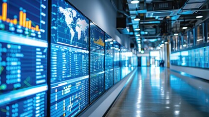 Poster - A modern data analytics room featuring multiple screens displaying graphs and statistics.
