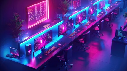 Poster - A modern workspace featuring multiple high-tech computers with vibrant neon lighting.