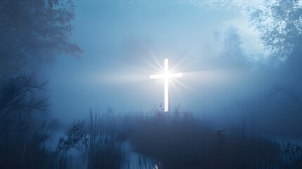 Glowing Cross In A Misty Forest By A Lake