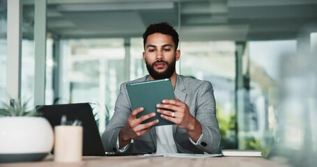 Poster - Man, tablet and reading in office for business, schedule update and company news on website. Accountant, tech or laptop in workplace for login, calendar planning or economy research with information