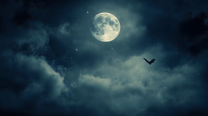 Spooky night background with dark skies, full moon, and eerie Halloween elements