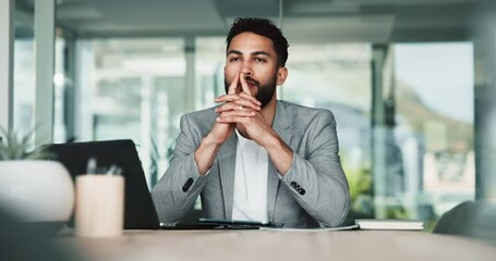Aufkleber - Business man, thinking or problem solving in office with startup funding proposal, strategic planning or risk management. Manager, thoughtful or smile for credit request application or finance review