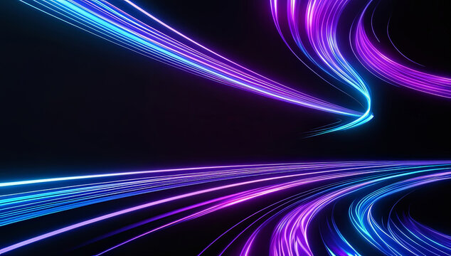 Vibrant light trails in blue and purple twist and curve across a dark background, creating a dynamic and energetic digital landscape. The flowing lines evoke a sense of movement and modernity