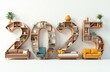 © Ksu - Numbers 2025 of Furniture Bookshelves Furniture on Light Background Minimalist Christmas New Year Card