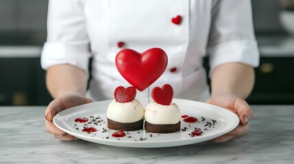 Wall Mural - Valentine's day dinner presentation. A chef presents heart-shaped desserts on a plate, decorated with strawberries and red accents, perfect for romantic occasions.