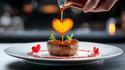 Valentine's day dinner presentation. A gourmet dish being elegantly garnished with a heart-shaped sauce, showcasing culinary artistry and romance on a fine dining plate.