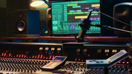 Poster - Empty control room filled with buttons and sliders used for recording and editing music, mix and master concept. Professional studio panel board with switchers and pre amp knobs.