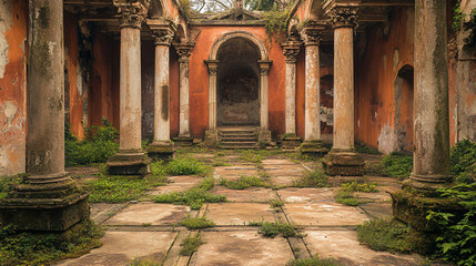 A ruined sanctuary with broken columns and weeds growing through the cracked floor.