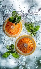 Wall Mural - Two orange slices and fresh mint leaves splashing in water.