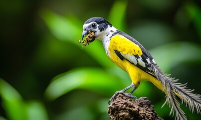 Wall Mural - Vibrant yellow and black bird perched on a branch, holding insects in its beak against a blurred green background.