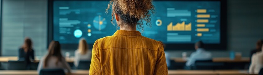 Wall Mural - Businesswoman in Yellow Jacket Analyzing Data on Large Screen in Modern Office Environment