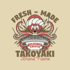 Wall Mural - retro cartoon emblem of red squid takoyaki