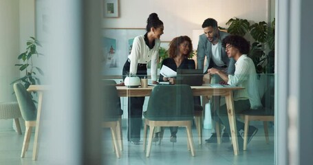 Poster - Business, people and meeting with laptop in office for financial forecasting and investment proposal review. Budget analyst, teamwork and discussion with documents for company profit or data analysis