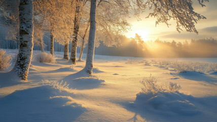 Wall Mural - Beautiful winter landscape. Snow and frost covered birch trees and shrubs. Snowy scenery, cold and crisp sunny day.