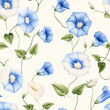 © ธันวา พรหมคำบุตร - Beautiful blue morning glory flowers with green leaves on light background create serene and elegant seamless pattern, perfect for various design applications