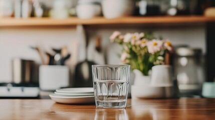 Wall Mural - Clear Glass on Wooden Table with Kitchen Background and Flowers