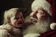 © R - Yule promotion concept art picture for brochure and social networks use. Joyful christmas, Ñute baby girl happiness with santa claus. Xmas photo ads. Christmas toddler santa. Festive charm ad.