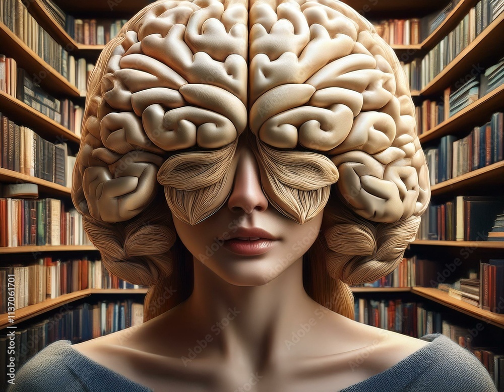 Library images in the shape of a brain. Human, brain and books are the ...
