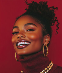 Wall Mural - Beautiful smiling black woman in knitted sweater and earrings