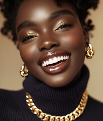 Wall Mural - Beautiful smiling black woman in knitted sweater and earrings